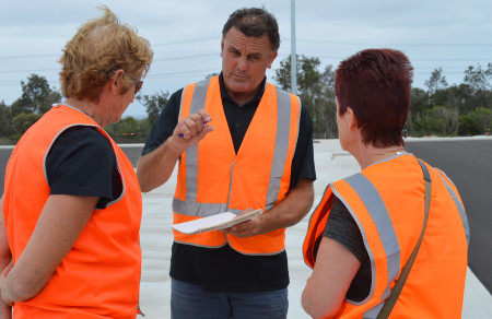 SSHA's Lyn Smith and Carol Harris talk colour schemes with Polytan's Greg Heaps.